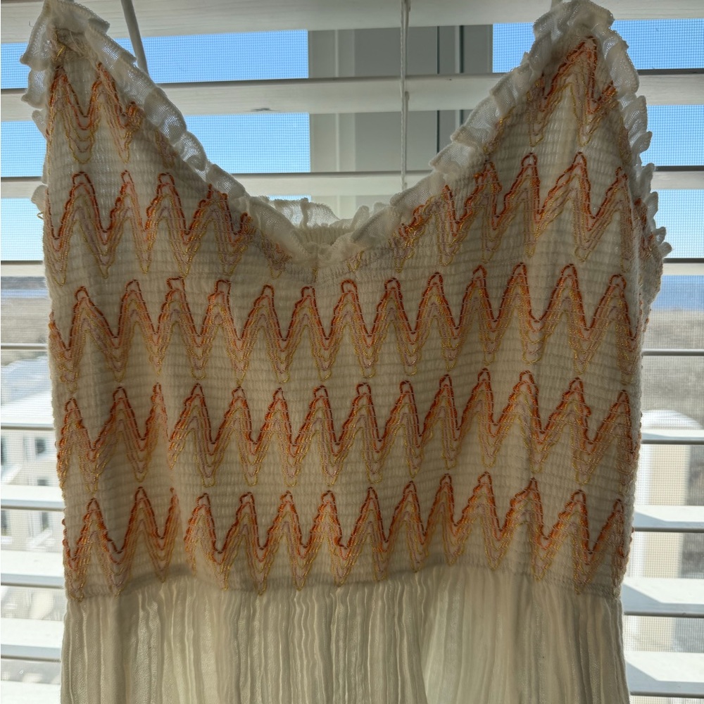 Free People Gauze Smocked Tank Dress with Orange Zigzag Embroidery Size XS